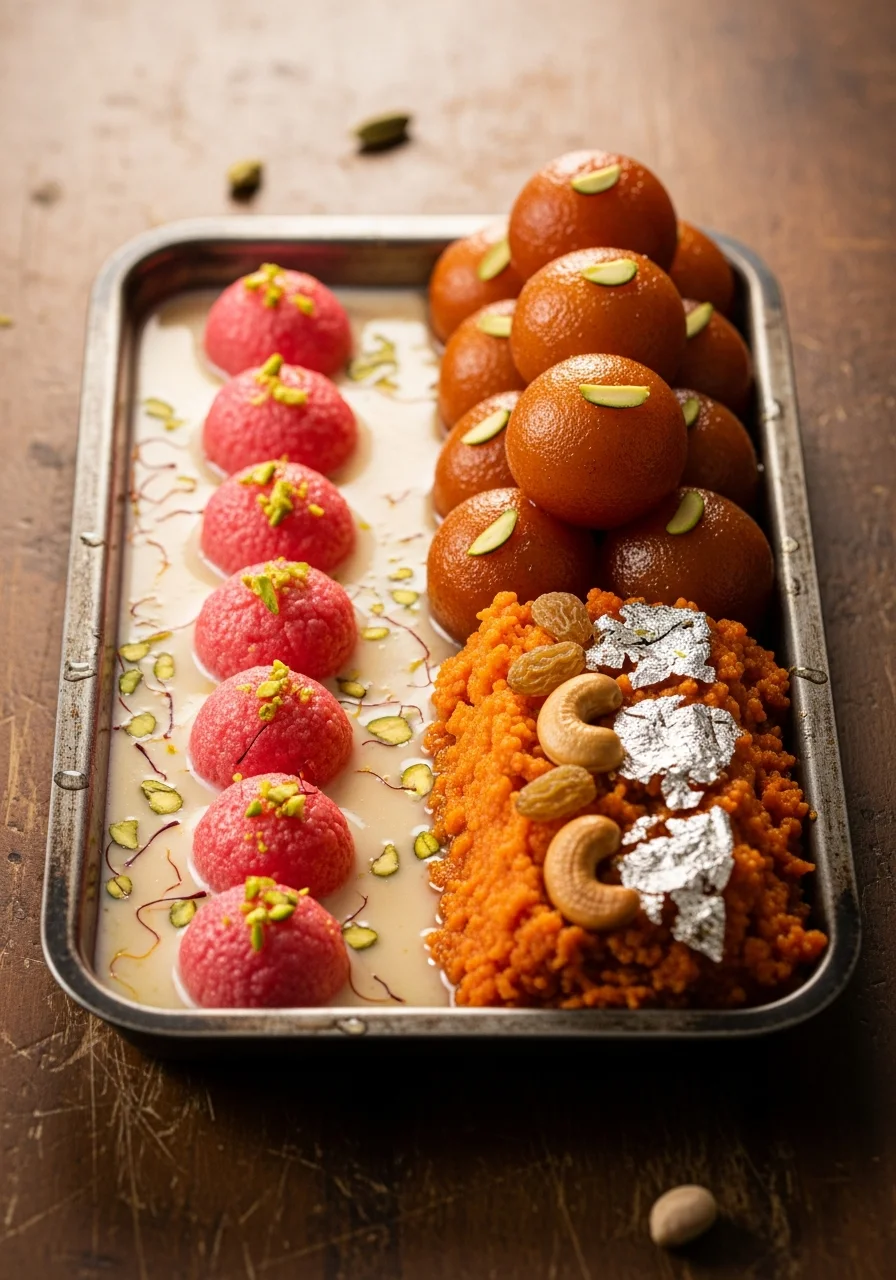 Tray of rasmalai, gulab jamun and gajrella